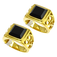 Stainless Steel Finger Ring, with Glass, gold color plated & faceted & hollow, black, 14mm 