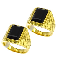 Stainless Steel Finger Ring, with Glass, gold color plated & faceted, black, 18mm 