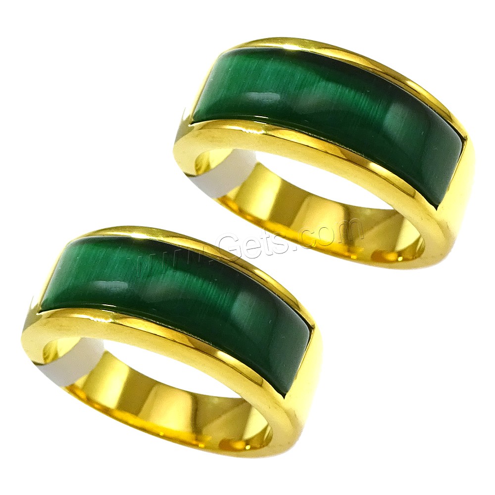 Stainless Steel Finger Ring, with Cats Eye, gold color plated, different size for choice, green, 8mm, Sold By PC