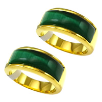 Stainless Steel Finger Ring, with Cats Eye, gold color plated green, 8mm 