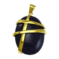 Blue Goldstone Pendants, Stainless Steel, with Blue Goldstone, Flat Oval, gold color plated, natural Approx 