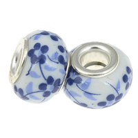 Brass Core European Porcelain Beads, Rondelle, platinum color plated, printing & with flower pattern & brass double core without troll, blue Approx 4mm 