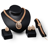 Rhinestone Zinc Alloy Jewelry Set, finger ring & bracelet & earring & necklace, with 2lnch extender chain, rose gold color plated, lantern chain & with rhinestone & hollow, 140mm, 210mm, 26mm, 19mm Approx 8 Inch, Approx 17 Inch 