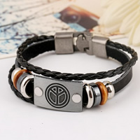 Cowhide Bracelets, with Wood & Zinc Alloy, Peace Logo, plated , 10mm Approx 7.8 Inch 