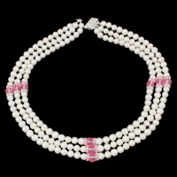 Natural Freshwater Pearl Necklace, with rhinestone brass spacer & Crystal, brass box clasp, Round , white, 7-8mm Inch 