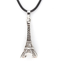 PU Leather Cord Necklace, Zinc Alloy, with PU Leather, with 5cm extender chain, Eiffel Tower, antique silver color plated, nickel, lead & cadmium free Approx 17 Inch 