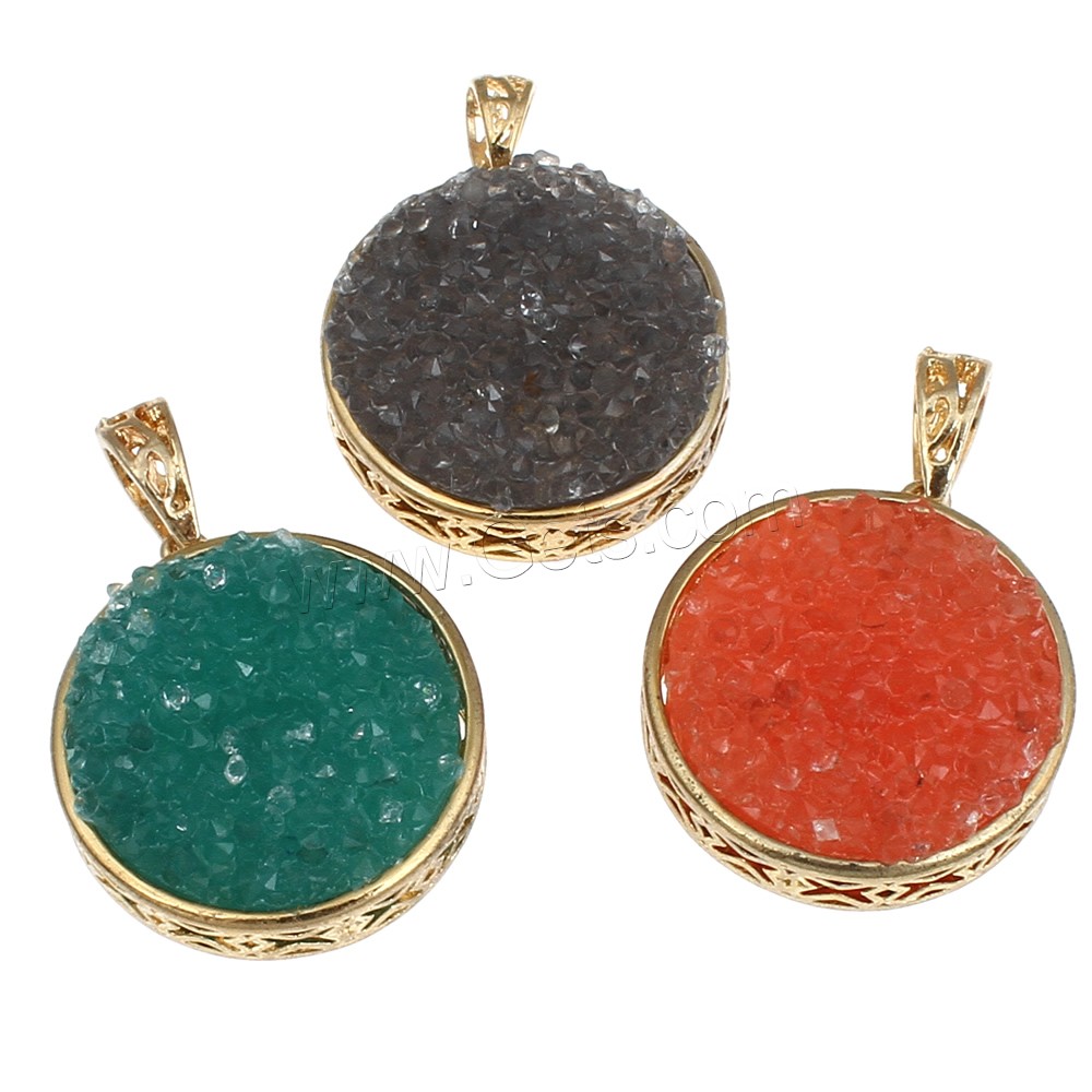 Resin Brass Pendants, with Resin, Flat Round, gold color plated, different size for choice & with cubic zirconia, more colors for choice, nickel, lead & cadmium free, Hole:Approx 5x8mm, Sold By PC