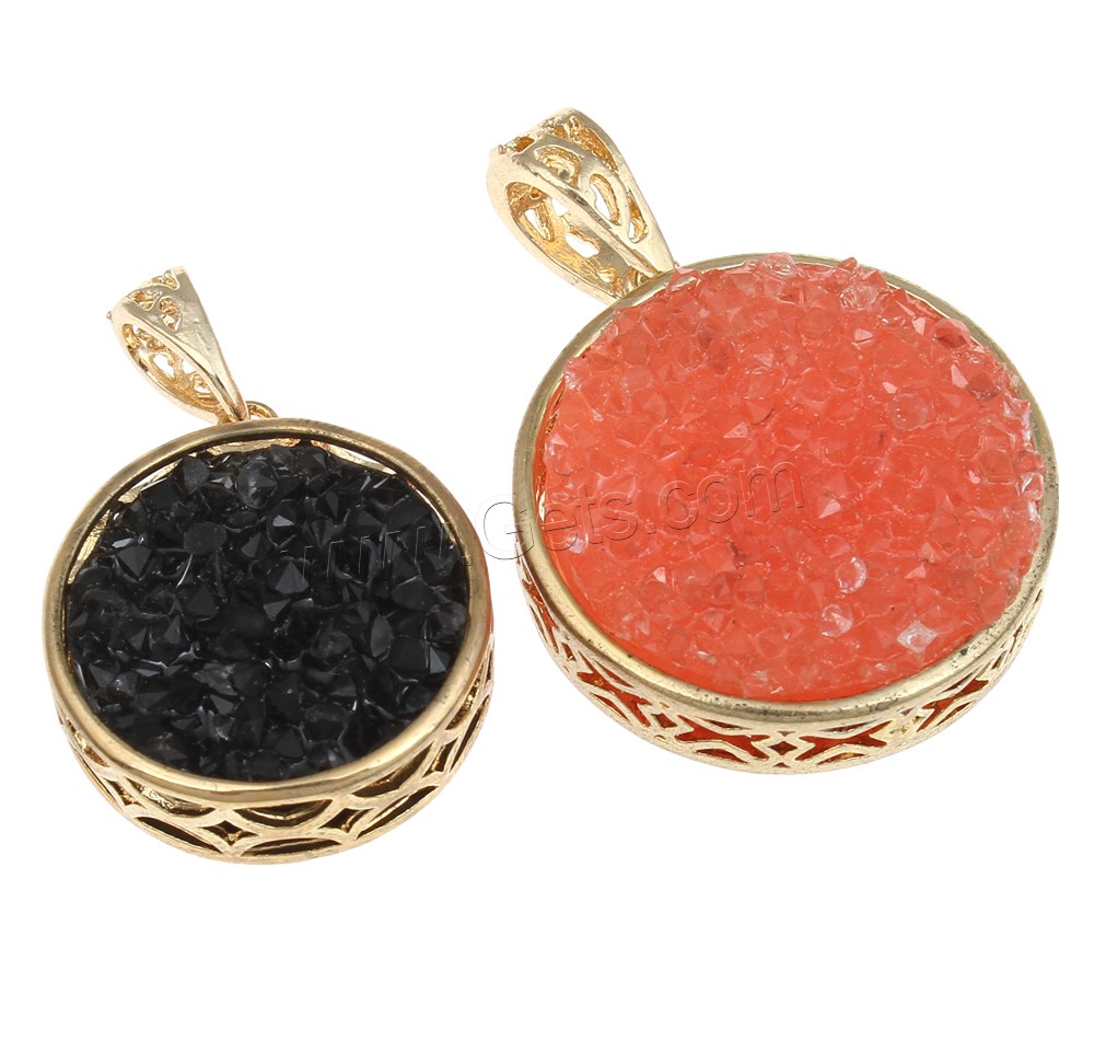 Resin Brass Pendants, with Resin, Flat Round, gold color plated, different size for choice & with cubic zirconia, more colors for choice, nickel, lead & cadmium free, Hole:Approx 5x8mm, Sold By PC