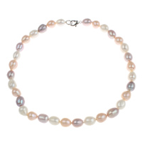 Natural Freshwater Pearl Necklace, brass clasp, Rice  multi-colored, 10-11mm 