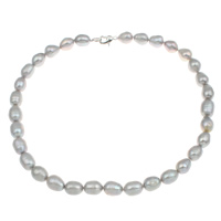 Natural Freshwater Pearl Necklace, brass clasp, Rice  grey, 10-11mm 