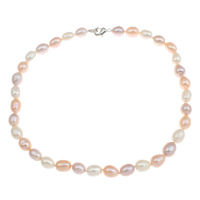 Natural Freshwater Pearl Necklace, brass clasp, Rice  multi-colored, 9-10mm 