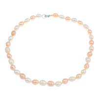 Natural Freshwater Pearl Necklace, brass clasp, Rice  & two tone, 9-10mm 
