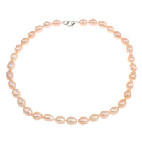Natural Freshwater Pearl Necklace, brass clasp, Rice  pink, 9-10mm 