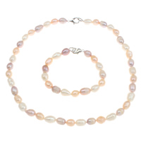 Natural Freshwater Pearl Jewelry Sets, bracelet & necklace, brass clasp, Rice multi-colored, 8-9mm Approx 7.5 Inch, Approx 17 Inch 