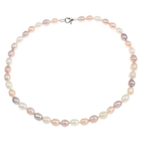 Natural Freshwater Pearl Necklace, brass clasp, Rice  multi-colored, 8-9mm 