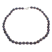 Natural Freshwater Pearl Necklace, brass clasp, Rice  dark purple, 8-9mm 