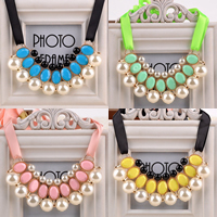 Fashion Statement Necklace, Zinc Alloy, with Satin Ribbon & Resin & Plastic Pearl, gold color plated, faceted 40mm Approx 35 Inch 