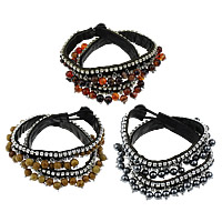 Gemstone Bracelets, Stainless Steel, with Goat Skin Leather & Gemstone, natural & with rhinestone & , 10mm Approx 15 Inch 