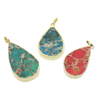 Impression Jasper Pendants, with Brass, Teardrop, natural, mixed colors - Approx 
