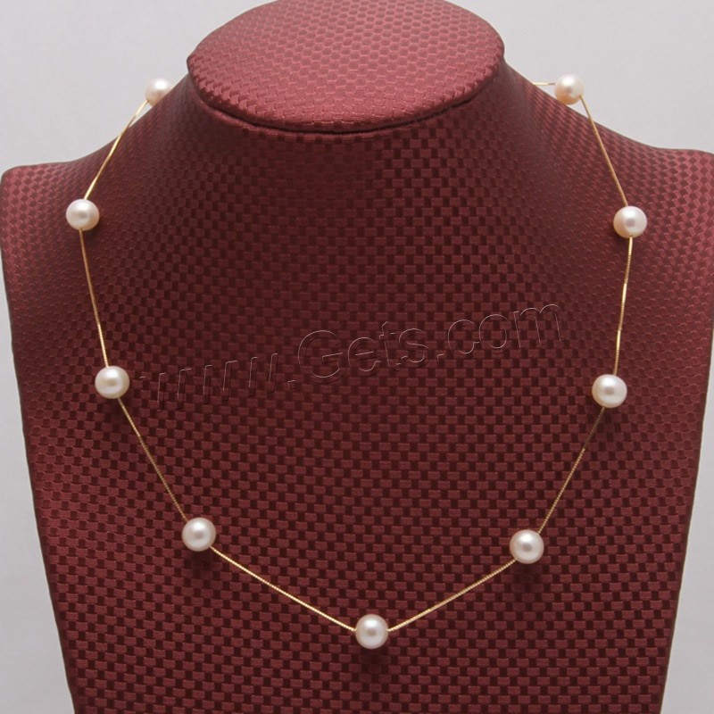 Стерлингового серебра жемчужное ожерелье, Пресноводные жемчуги, с Серебряная цепочка, Круглая, плакированный настоящим золотом, природный & разный размер для выбора & Цепной ящик, белый, длина:Приблизительно 17.5 дюймовый, продается Strand