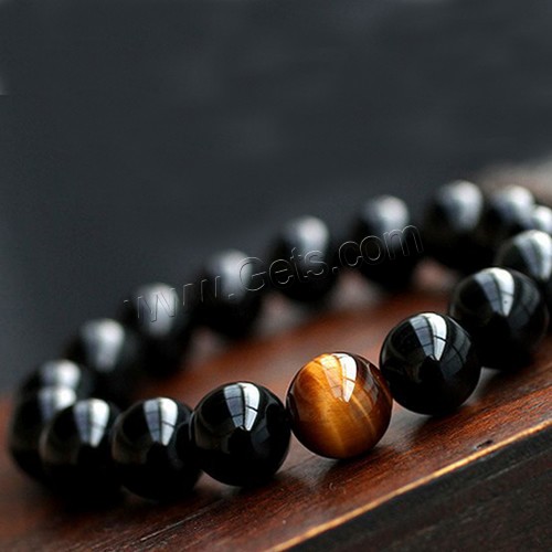 Black Agate Bracelets, with Tiger Eye, Round, natural & different size for choice, Length:Approx 7.5 Inch, Sold By Strand
