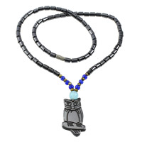 Non Magnetic Hematite Necklace, with Dyed Jade, stainless steel screw clasp, Owl Approx 18 Inch 