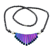 Non Magnetic Hematite Necklace, with Glass Pearl, stainless steel screw clasp, colorful plated, 4x12- Approx 20 Inch 