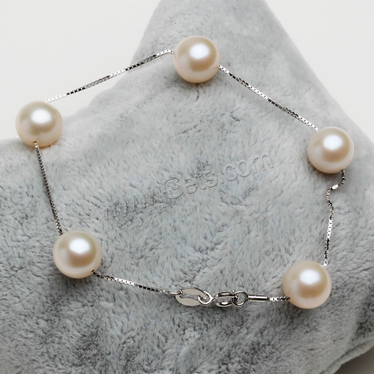 Pearl Sterling Silver Bracelets, Freshwater Pearl, with sterling silver chain, Round, natural, different size for choice & box chain, white, Length:Approx 7 Inch, Sold By Strand