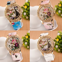 Women Wrist Watch, PU Leather, with zinc alloy dial & Glass, Chinese movement, plated & for woman & with rhinestone, 40mm Approx 9.4 Inch 