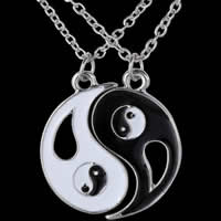 Zinc Alloy Puzzle Necklace, with iron chain, with 5cm extender chain, Flat Round, platinum color plated, ying yang & oval chain & enamel, white and black, nickel, lead & cadmium free Approx 18 Inch 