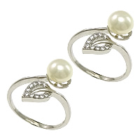 Pearl Sterling Silver Finger Ring, 925 Sterling Silver, with Freshwater Pearl, Leaf, plated, natural & micro pave cubic zirconia 14mm, 7mm, Inner Approx US Ring 