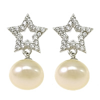 Sterling Silver Pearl Drop Earring, 925 Sterling Silver, with Freshwater Pearl, Star, plated, natural & micro pave cubic zirconia 21mm 9mm 