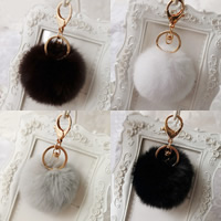 Rabbit Fur Key Chain, with Zinc Alloy, Round, gold color plated 125mm 