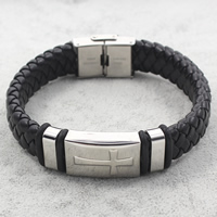 Men Bracelet, Stainless Steel, with PU Leather, black Approx 8 Inch 