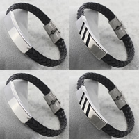Men Bracelet, Stainless Steel, with PU Leather, braided black Approx 8 Inch 
