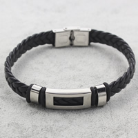 Men Bracelet, Stainless Steel, with PU Leather & Silicone, braided, black Approx 8 Inch 