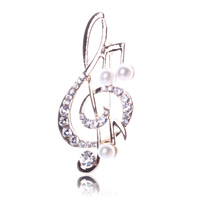 Broche de perlas plástica, aleación de zinc, con Perlas de plástico ABS & fundición, Nota de la Música, chapado en oro de 18 K, con diamantes de imitación, libre de níquel, plomo & cadmio, 30x56mm, Vendido por UD