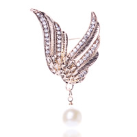Broche de perlas plástica, aleación de zinc, con Perlas de plástico ABS & fundición, Ala, chapado en oro de 18 K, con diamantes de imitación, libre de níquel, plomo & cadmio, 30x60mm, Vendido por UD