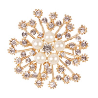 Broche de perlas plástica, aleación de zinc, con Perlas de plástico ABS & fundición, Flor, chapado en oro de 18 K, con diamantes de imitación, libre de níquel, plomo & cadmio, 50mm, Vendido por UD