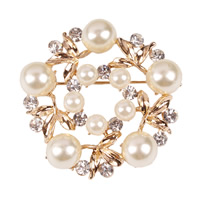 Broche de perlas plástica, aleación de zinc, con Perlas de plástico ABS & fundición, Flor, chapado en oro de 18 K, con diamantes de imitación, libre de níquel, plomo & cadmio, 45mm, Vendido por UD
