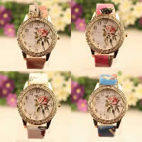 Women Wrist Watch, PU Leather, with zinc alloy dial, gold color plated, with flower pattern & for woman & with rhinestone 39mm Approx 9.4 Inch 