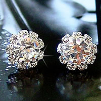 Zinc Alloy Rhinestone Stud Earring, with plastic earnut, stainless steel post pin, Flower, platinum color plated, with rhinestone, nickel, lead & cadmium free, 12mm 