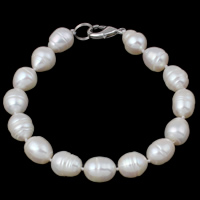 Bracelets de perles, perle d'eau douce cultivée, laiton fermoir, pomme de terre, naturel, styles différents pour le choix, blanc, 9-10mm Environ 7.5 pouce, Vendu par brin
