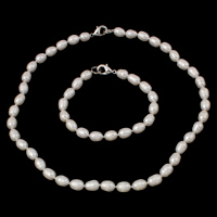 Natural Freshwater Pearl Jewelry Sets, bracelet & necklace, brass clasp, Rice white, 8-9mm Approx 7.5 Inch, Approx  17 Inch 