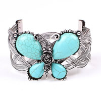 Zinc Alloy Cuff Bangle, with Synthetic Turquoise, Butterfly, antique silver color plated, nickel, lead & cadmium free Inner Approx 68mm Approx 8.5 Inch 