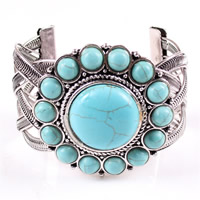 Zinc Alloy Cuff Bangle, with Synthetic Turquoise, Flower, antique silver color plated, nickel, lead & cadmium free, 53mm, Inner Approx 68mm Approx 8.5 Inch 