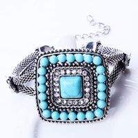 Zinc Alloy Turquoise Bracelets, with Synthetic Turquoise, with 7cm extender chain, Square, antique silver color plated, mesh chain & with rhinestone & , nickel, lead & cadmium free, 45mm Approx 6.5 Inch 