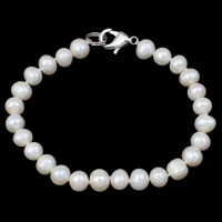 Cultured Freshwater Pearl Bracelets, brass clasp, Potato, natural white, 6-7mm Approx 7.5 Inch 