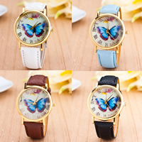 Women Wrist Watch, Zinc Alloy, with PU Leather & Glass, Chinese movement, Flat Round, gold color plated, with butterfly pattern & for woman nickel, lead & cadmium free, 40mm Approx 9 Inch 