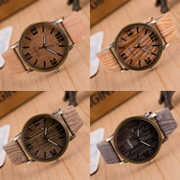 Women Wrist Watch, Zinc Alloy, with PU Leather & Glass, Chinese movement, Flat Round, antique bronze color plated, imitation wood & brushed & for woman nickel, lead & cadmium free, 40mm Approx 9 Inch 